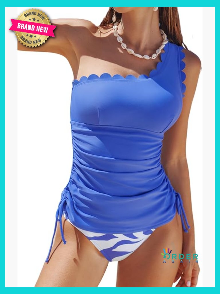 One Shoulder Scalloped Neck Tankini Set Ruched Tummy Control Side Tie Swimsuit